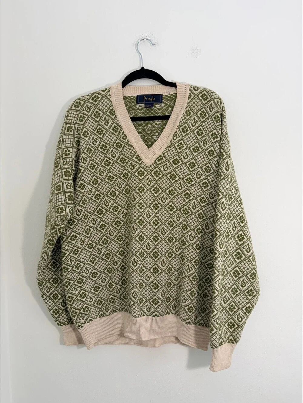 Vintage Pringle 100% Cotton Green Cream Geometric V-Neck Sweater Hong Kong